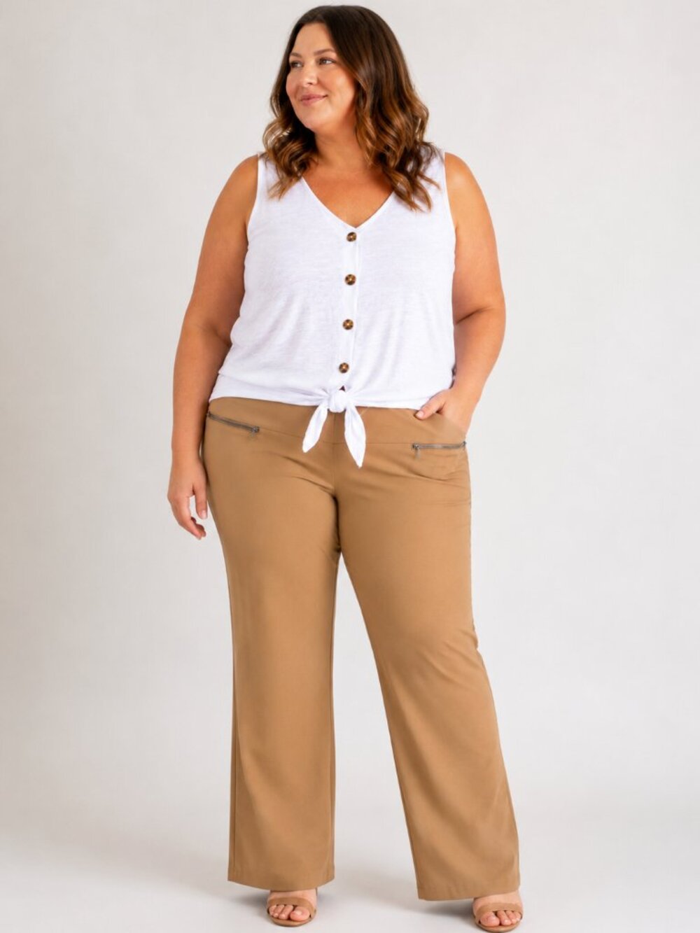 Violets & Roses Ruthy Solid Zipper Bootcut Pants Camel Tan 18W